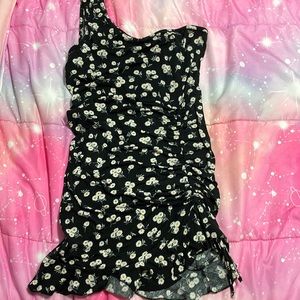 Ditsy Floral Ruched Mini One Shoulder Dress